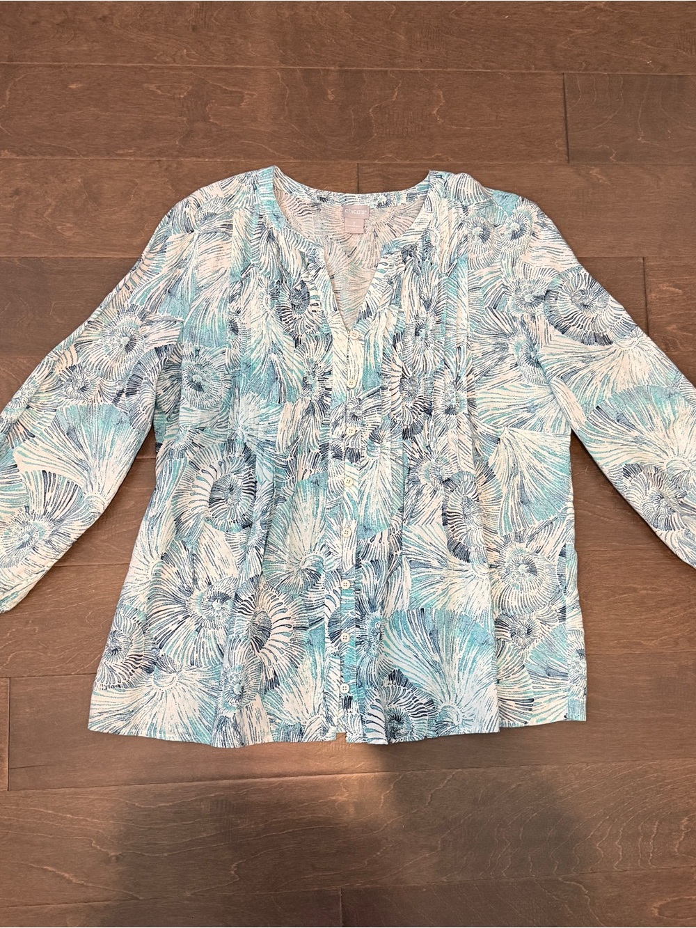 Chico's Blue-White Floral Linen Blend Button-Front Shirt 3/4 Sleeves Sz 12-14